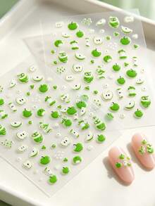 2 Sheets 5D Cute Apple For Nail Stickers - Spring And Summer Cartoon Fruit Design, Sweet Charm, Self-Adhesive Plastic Decals, Suitable For Nail Art, Odorless, Single Use, Fruit Decoration - Green - View 7