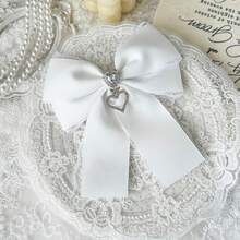 1PC Ribbon Lace Bow Tie, Heart-Shaped Crystal Pendant Rhinestone Decor, Beautiful And Sweet, For Clothing Decoration, Women's Dress/Shirt Collar, Preppy Halloween Decoration - White - View 9