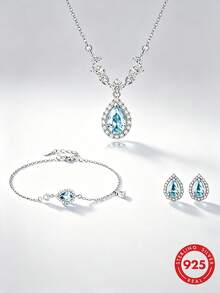 Conjunto de Joias de Prata Esterlina S925 Luxuoso e Requintado com Colar, Brincos e Pulseira em Formato de Gota Azul Cintilante, Design Elegante, Presente Atencioso para Namorada ou Melhor Amiga, Joias de Alta Qualidade Adequadas para Uso Diário - Prata - Visão 1