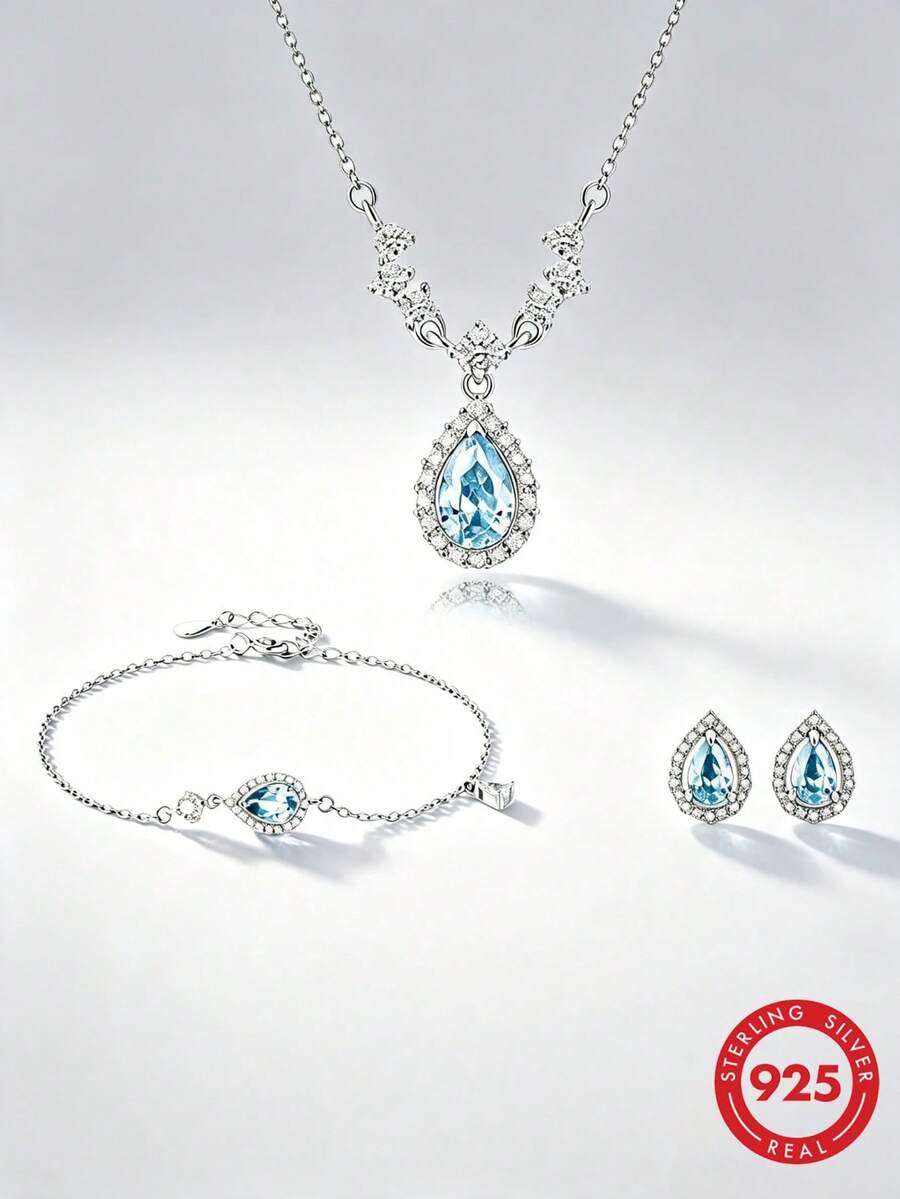 Conjunto de Joias de Prata Esterlina S925 Luxuoso e Requintado com Colar, Brincos e Pulseira em Formato de Gota Azul Cintilante, Design Elegante, Presente Atencioso para Namorada ou Melhor Amiga, Joias de Alta Qualidade Adequadas para Uso Diário - Prata - Visão 1