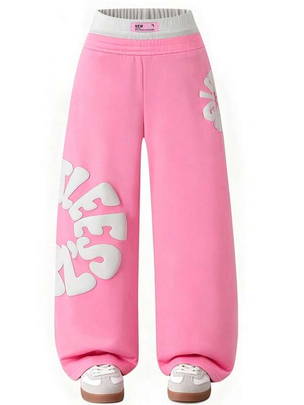 Girls' Big Tween Girl' Sweatpants, Spring Summer Autumn Winter New Fashion Personalized Puff Print Waist Colorblock Patchwork Design Rose Red Loose Wide Leg Long Pants