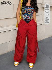 Y2K Women's Casual Red Parachute Pants Cargo Pockets Loose Wide Leg Street Style Practical Trousers Campus Outfit Back To School Daily Wear - Red - View 7