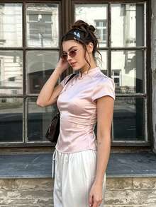 Mellowy Spring/Autumn New Women's European And American Style Fashion Minimalist Side Button Decor Satin Top Pink Summer - Pink - View 3