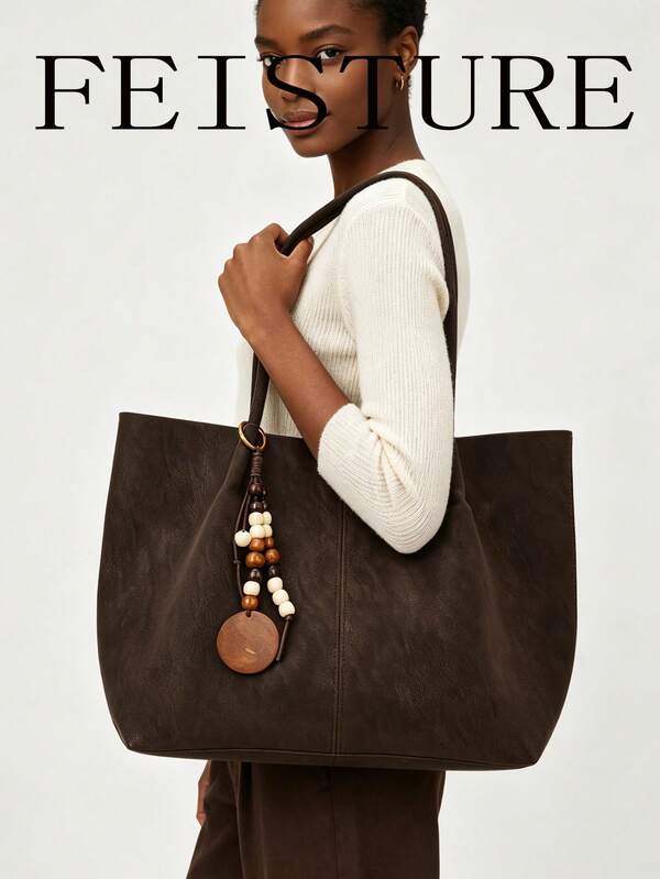 FEISTURE 1pc Solid Color Large Capacity Women's Tote Bag, Vintage Shoulder Bag With Pendant, Suitable For Girls, Women, College Students, New Professionals And Office Workers, Perfect For Work, Business, Commute, School