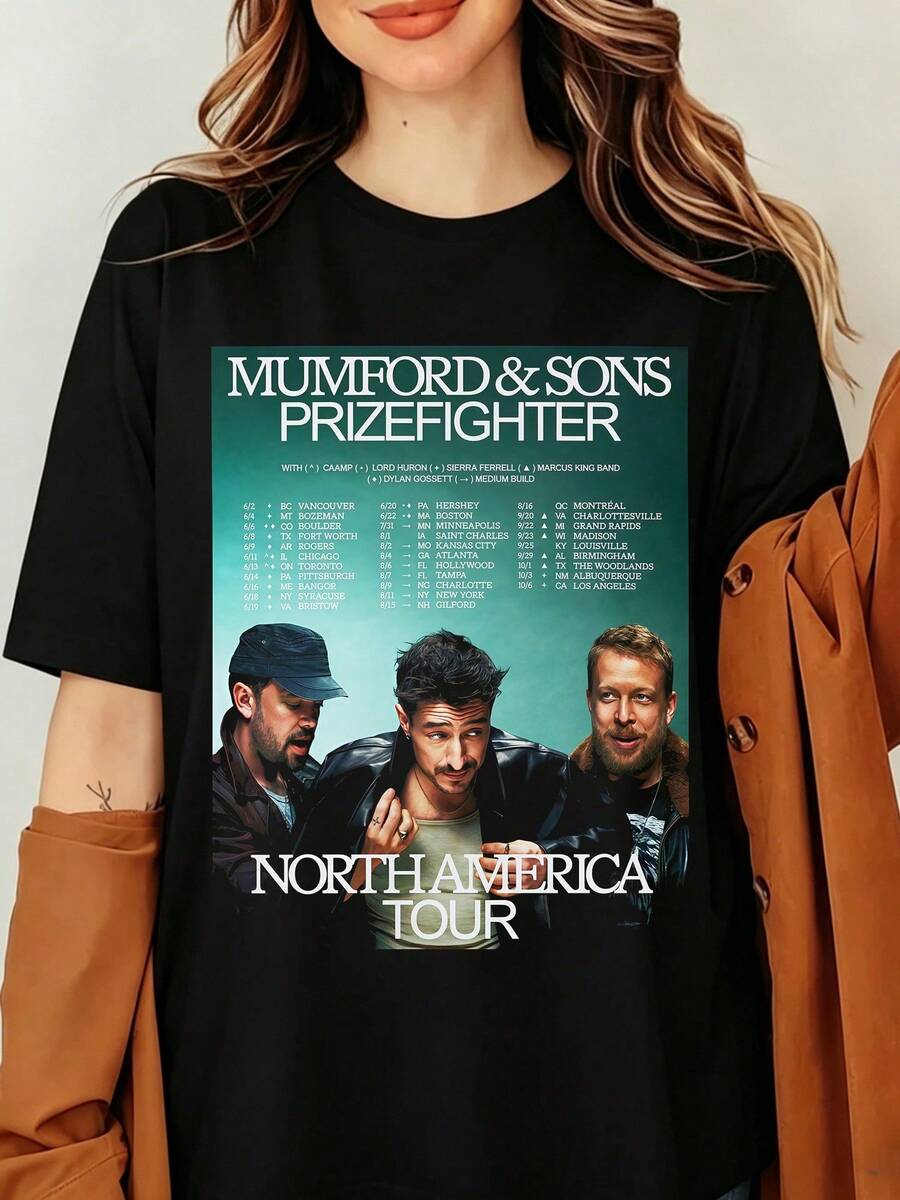 Mumford & Sons Prizefighter North America Tour Poster Print Folk Band Concert Merch Multiple Styles Unisex Pure Cotton Graphic T-Shirt - Black - View 1