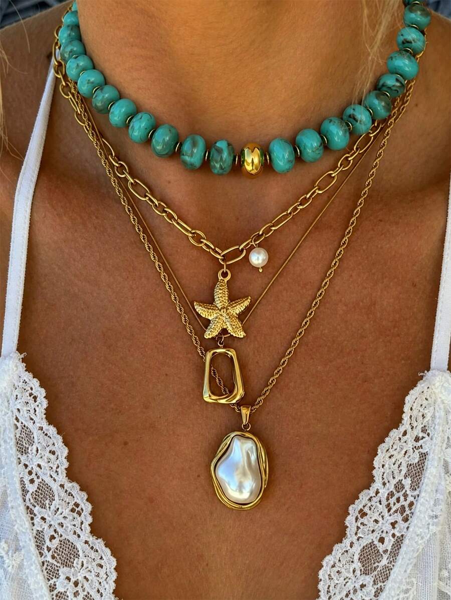 3/4pcs Fashion Minimalist Exaggerated Old Money Style Bohemian Chunky Beaded Starfish Faux Pearl Gold Necklace Set, Multi-Layer Stackable, Women's Summer Beach Vacation Date Party Holiday Birthday Gift For Girlfriend Mom Friend Wife, Daily Versatile - Multicolor - View 1