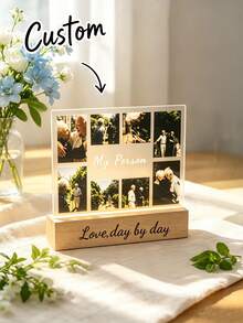 Custom Acrylic Photo Display, Capture Beautiful Moments, Supports 8 Photo Customization, Wooden Base, Customizable Text, Combines Commemoration And Decoration, Perfect For Family Photo Collection, Couple Anniversary, Pet Memory Preservation, Graduation Commemoration, Freely Place On Study Desk, Bedroom Nightstand, Living Room, Office Desk, Dressing Table - Multicolor - View 6