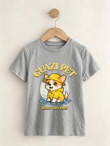 3pcs Grey Kids Short Sleeve Tees DTG Rainbow Music Hand Guazi Pet Corgi Cute Red Panda Cartoon Letter Print Soft Casual Tops - Gray + Gray + Gray - View 3