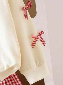 Young Girl Bow Print 2 In 1 Long Sleeve Top And Plaid Skirt - Apricot - View 4