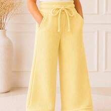 Kids' Wide-Leg Pants, Ribbed Cotton, Comfortable And Soft With Pockets - 黃色 - 查看 1