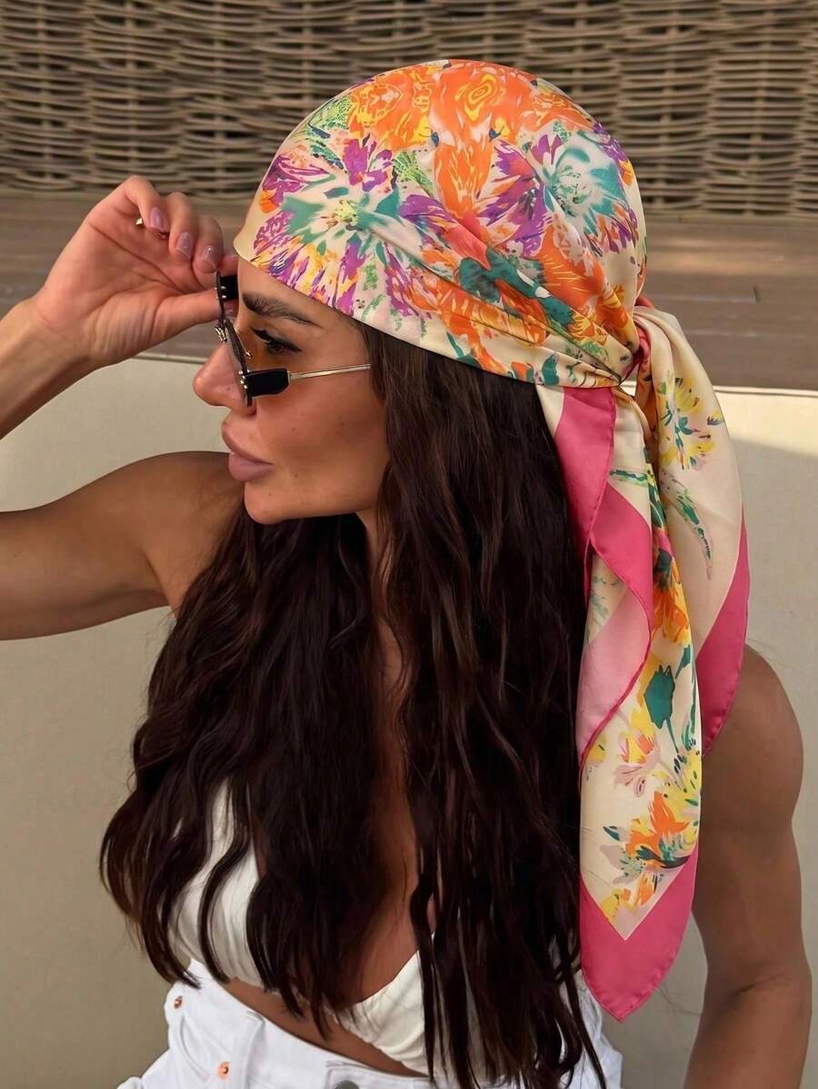 1PC Women's Casual Minimalist Printed Bandana Scarf, Spring/Summer Hair Accessory Wrap, Suitable For Vacation, Beach Party, Street Fashion - Red - View 1