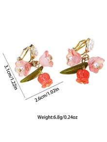 1Pair Of Minimalist Camellia Pendant Clip-On Earrings: Forest-Style Small Flowers And Green Leaves – Piercing-Free Earrings For Women - Multicolor - View 3