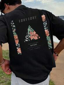 T-shirt à imprimé floral tropical 100% coton 180 g/m² Col rond Respirant Coupe régulière Été - Noir - Voir 3