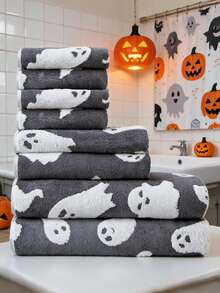 6/8/10件組萬聖節幽靈浴室毛巾套組 黑白幽靈手巾 萬聖節洗碗布 吸水指尖巾 適用浴室、廚房、飯店、海灘、健身房、SPA - 深灰色 - 查看 2