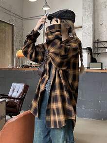 女款春秋落肩長袖寬鬆格紋休閒襯衫 - 卡其色 - 查看 5