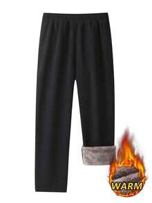 Men's Velvet Lined Side Stripe Straight Leg Casual Sports Pants, Elastic Drawstring Waist Winter Jogging Pants - Black - View 3