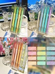 1 Box 4pcs Fine Glitter Pearlescent Fluorescent Highlighter Pen Set, 3-Color Quick-Dry No-Bleed, Student Textbook Key Point Marking, Planner, Hand Drawing, Glitter Marker Pens - Multicolor - View 5