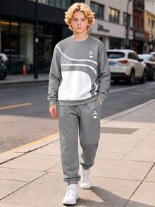 Teenagers Spring/Autumn Knitted 2 Pieces Set, Grey & White Colorblock Curved Star Print Crew Neck Sweatshirt, A Letter Poker Logo Loose Fit Joggers - Grey - View 2