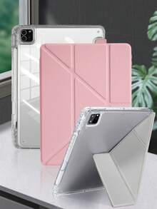 1件透明壓克力Y折豆沙粉平板保護殼，相容 iPad Mini6/7/Air/Air2/9.7/10.2/10.5/10.9 (Air4-Air8)/Pro 11/10th Gen/A16/Pro 11 2024，全透明壓克力背殼，絲綢紋理8折蓋，可調支架，自動休眠/喚醒，內置筆槽，不含筆，部分機型附相機框 - 豆沙粉 - 查看 2