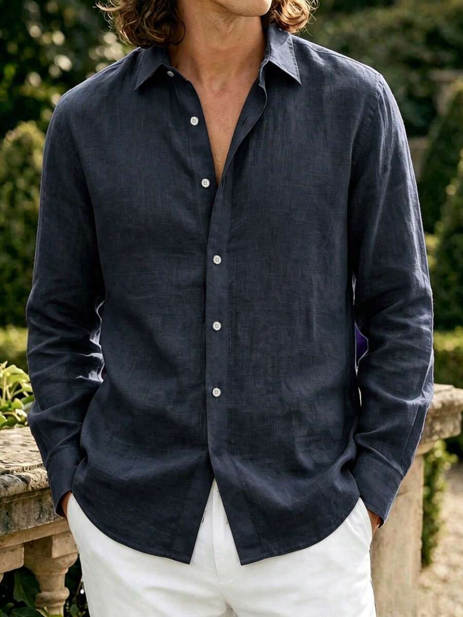 glestore Men's Retro Vintage Coin Aesthetic Pure Cotton Linen Feel Button-Down Long Sleeve Shirt, Casual Versatile Style For All Seasons - Navy Blue - View 1