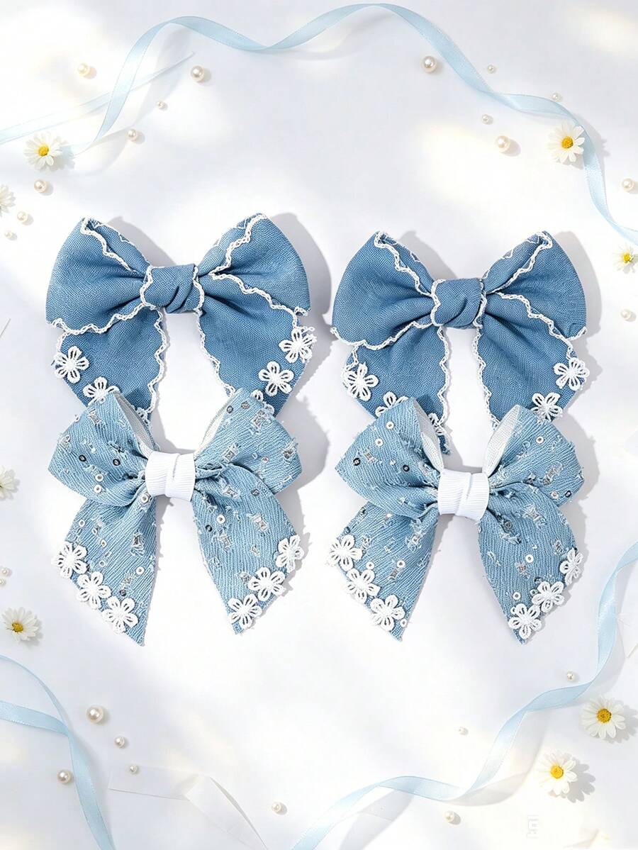 4pcs/2pcs Blue Minimalist Bow Hair Clips, Denim Fabric Floral Print, Glitter Sequin Hair Clips, Hair Accessories Gift For Kids And Teenagers For Kids Daily School Wear - Multicolor - View 1