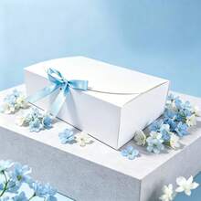 16pcs White Gift Boxes With Blue Ribbon, 7.8x10.6x3.5 Inch Foldable Bridal Party Favor Boxes, Suitable For Bridesmaid Invitation, Wedding, Birthday Gift, Baby Shower, Party, Valentine's Day Gift, Packaging, Birthday, DIY, Cosmetic Storage, Graduation Gift, Back To School Gift Packaging, Wedding Party Decoration - White and Blue Strap - View 3