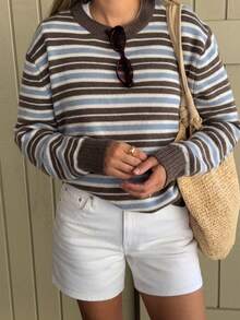 Women's New Multi-Color Horizontal Striped Patchwork Long Sleeve Half-Open Collar Knit Sweater Fall - Multicolor - View 3