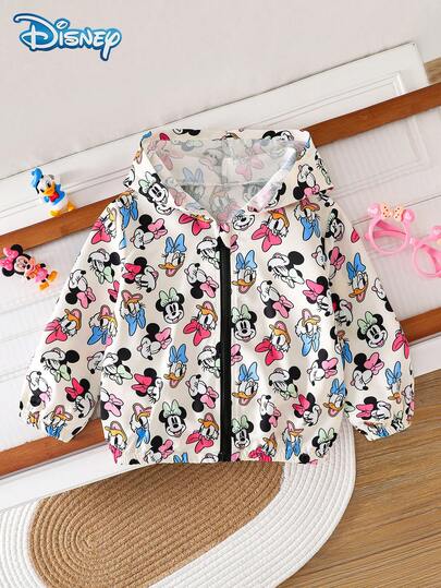 Jaket Kasual Musim Semi/Musim Gugur Disney Minnie dan Teman-Temannya untuk Bayi Perempuan, Motif Kartun Minnie, Donald Duck, Daisy, Goofy di Seluruh Permukaan, Jaket Lengan Panjang dengan Resleting dan Tudung, Pakaian Serbaguna untuk Anak-Anak, Cocok untuk Aktivitas Luar Ruangan, Pesta, dan Hiburan, Pakaian Modis, Cerah, dan Menyenangkan