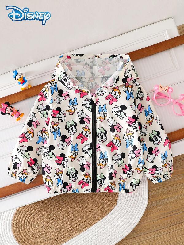 Jaket Kasual Musim Semi/Musim Gugur Disney Minnie dan Teman-Temannya untuk Bayi Perempuan, Motif Kartun Minnie, Donald Duck, Daisy, Goofy di Seluruh Permukaan, Jaket Lengan Panjang dengan Resleting dan Tudung, Pakaian Sehari-hari Anak, Cocok untuk di Rumah, Serbaguna, Aktivitas Luar Ruangan, Hiburan, Pesta, Modis, Cerah, dan Ceria