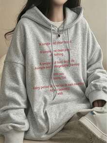 Sweatshirt Berkerudung Wanita, Motif Huruf Musim Gugur/Dingin Terbaru, Desain Tali Serut, Dengan Saku, Atasan Longgar Serbaguna Kasual, Modis untuk Musim Gugur - Abu-abu gelap - View 2
