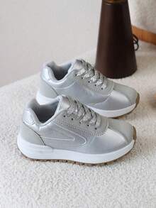 1 Pair Kids' Spring New Hot-Selling Versatile Casual Sports Shoes, Flat Bottom Style Sneakers For Girls And Boys - Grey - View 6