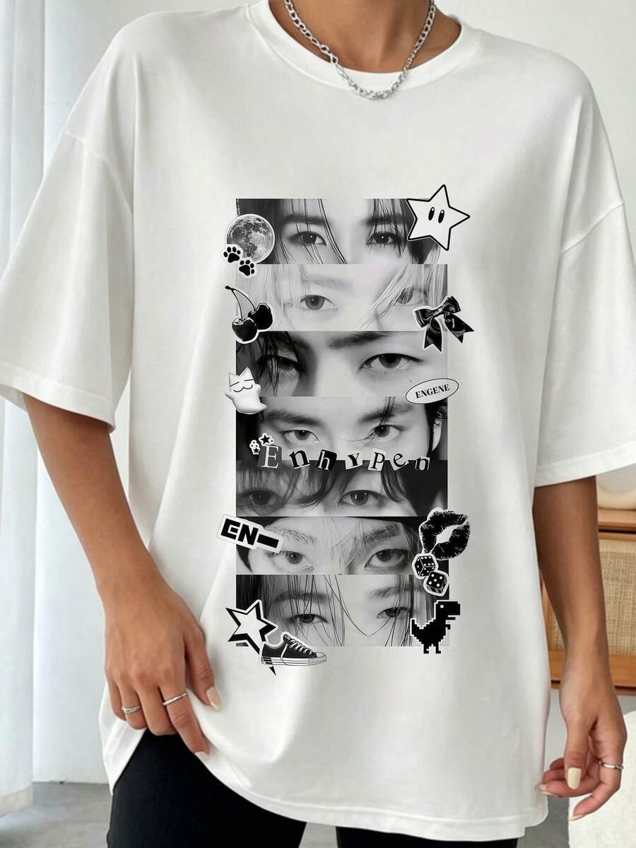 Vintage Inspired ENHYPENs Member Eyes Vertical Panel Sticker Collage ENGENE K-Pop Fan Graphic Casual Tee - 白色 - 查看 1