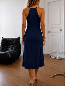 Women's Navy Blue Long Knit Dress – Comfortable Fit - Navy Blue - View 2