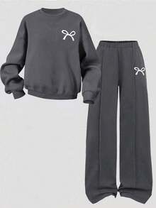 Toddler Bow Print Crew Neck Sweatshirt And Sweatpants - Dark Grey - View 2