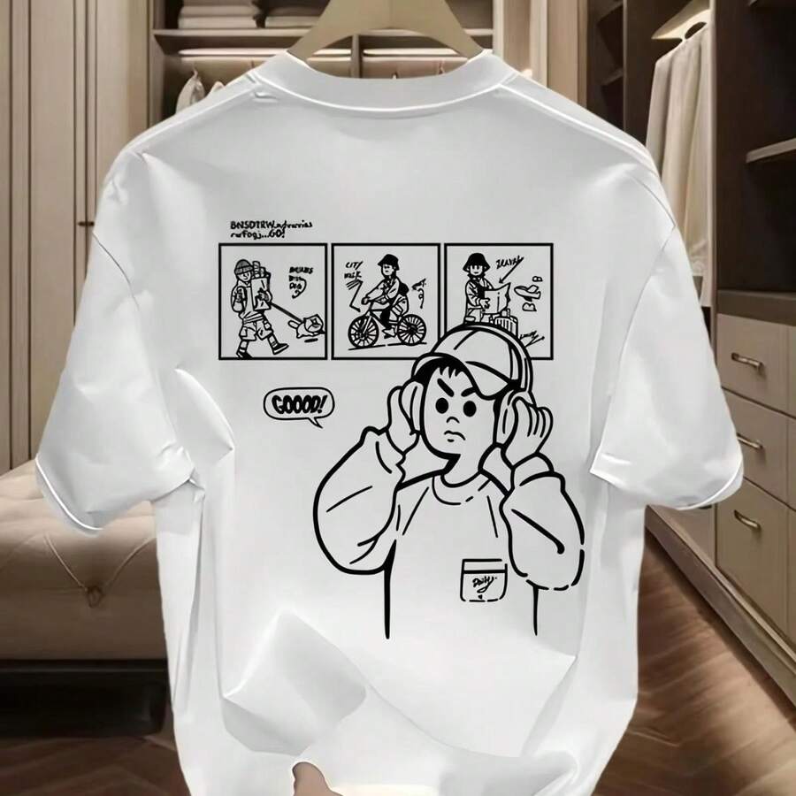 Camiseta Masculina 100% Algodão com Estampa de Menino com Fones, Estilo História em Quadrinhos, Casual Hip Hop - BRANCA - Visão 1