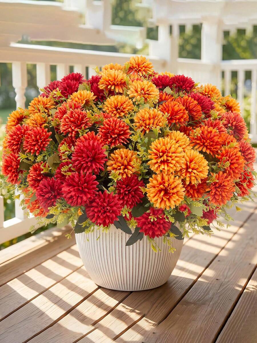3/1 18heads Artificial Autumn Chrysanthemum Flowers, UV Resistant Realistic Non-Fading Fake Mums Marigolds Plant, Autumn Floral Arrangements For Outside, Garden, Yard Suitable For Vases, Table Centerpieces, Wedding Decor, Autumn Home Decor (Orange, Burnt Orange, Red) - Multicolor - View 1