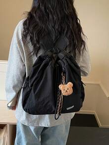 New Fashion Casual Minimalist Unisex Drawstring Closure Solid Color Retro Large Capacity Multi-Pocket University Student Backpack, Lightweight Multipurpose Shoulder Bag For Short Trip, Hiking - Multicolor - View 6