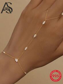 AnlaScheer 1pc 925 Sterling Silver Evil Eye CZ Zirconia Finger Chain Bracelet Ring Jewelry, Hypoallergenic, Elegant Women's Accessory, Suitable For Party, Gift, Daily Wear - Gold - View 2