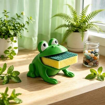 Soporte para esponja y cepillo de platos con forma de rana y sistema de drenaje, diseño de rana lindo, adecuado para encimera y estante de platos, material de plástico, ideal para almacenar esponjas, paños de cocina y cepillos, solución de almacenamiento higiénica