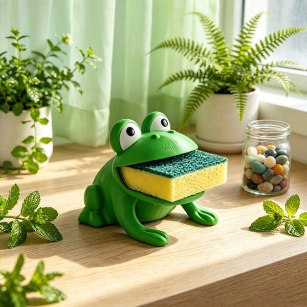 Frog-Shaped Sponge And Dish Brush Holder With Drainage System, Cute Frog Design, Suitable For Countertop And Dish Rack, Plastic Material, Ideal For Storing Sponges, Dishcloths And Brushes, Hygienic Storage Solution