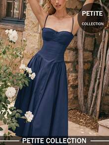 Soulscape Women's Petite Elegant Sexy Solid Color Spaghetti Strap Dress, Tailored Design Flatters Figure Summer - Navy Blue - View 1