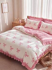 2/3pcs Ruffle Duvet Cover Set, Dorm Bedding, Cute Pink Bow Bedding Set, Cozy Room Decor, Skin-Friendly Breathable, Ultra Soft Anti-Pilling, Duvet Insert Not Included, Suitable For Single/Double/Queen/King Bed, All Seasons, Machine Washable, Back To School - Multicolor - View 6