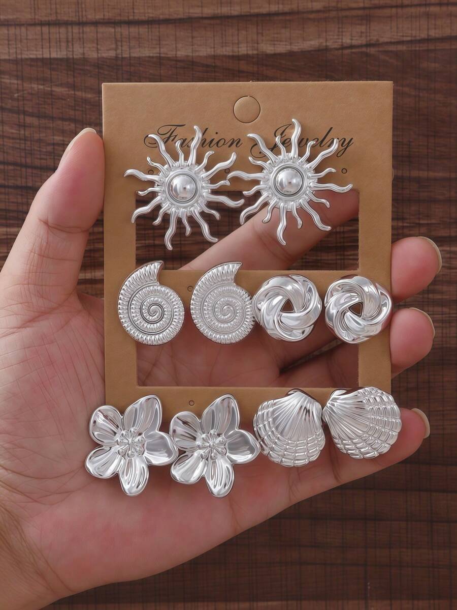 Conjunto de 2-10 Peças Brincos de Concha Girassol Prateados - Prata - Visão 1