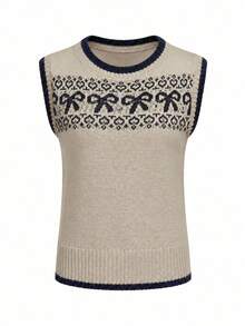 Women's Sleeveless Round Neck Knitted Vest Top, With Pattern, Suitable For Autumn/Winter Outfits, Autumn Women's Casual Wear - Camel - View 7