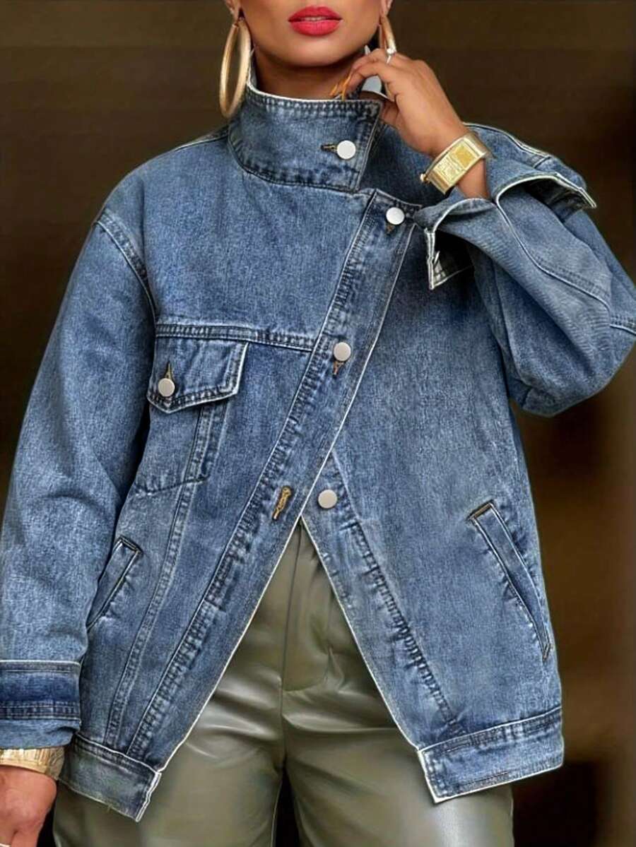 Mobula Sound#Spring/Autumn Versatile Fashion Denim Jacket, Asymmetrical/Asymmetrical Collar, Long Sleeve, Suitable For Campus, Vacation, Daily, Dating, Travel, Airport - Blue - View 1
