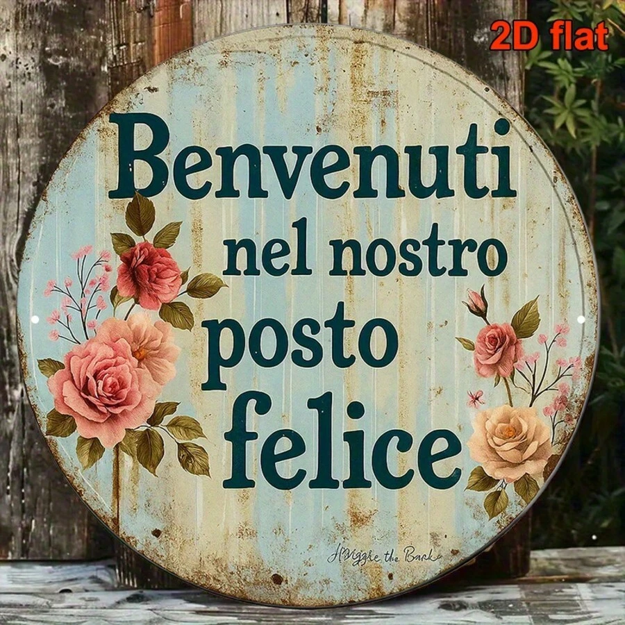 2D Flat Round Italian Sign, Decorated With Vintage Decorative Plaque, Adorned With Vintage Rose Pattern, Perfect For Decorating Living Room, Bedroom, Dining Room, Cafe, Bar And Other Spaces (Random Hole Position) - A - View 1