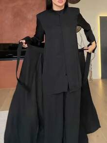 Women's Casual Elegant Round Neck Long Sleeve Button-Front Top + Loose Wide Leg Pants + Long Apron 3-Piece Set, Solid Color Front Button Tie Closure, Commute Daily Date - Black - View 9