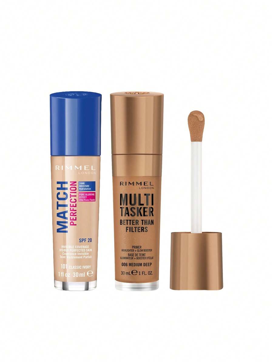 Rimmel [組合] Match Perfection 完美底妝 柔滑經典象牙色 101 Cool 30ml + Multi-Tasker 濾鏡級光澤提亮遮瑕與抗老妝前乳 006 Medium Deep 30ml - 101 柔和經典象牙冷色調+006 中深色 - 查看 1