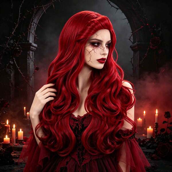 Bright Red Side Swept Bangs Long Loose Big Wavy Synthetic Heat Resistant Anime Cosplay Wig For Women, Voluminous Curly Full Head Wigs For Party Costume Gothic Vintage Halloween Photoshoot Masquerade Holiday Themed Dress Up Stage & Fashion Events