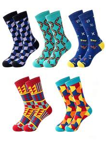 1/5 Pairs Vintage Assorted Jacquard Mid-Calf Socks, Geometric Plaid & Math Symbol Streetwear Socks For Men - Multicolor - View 5